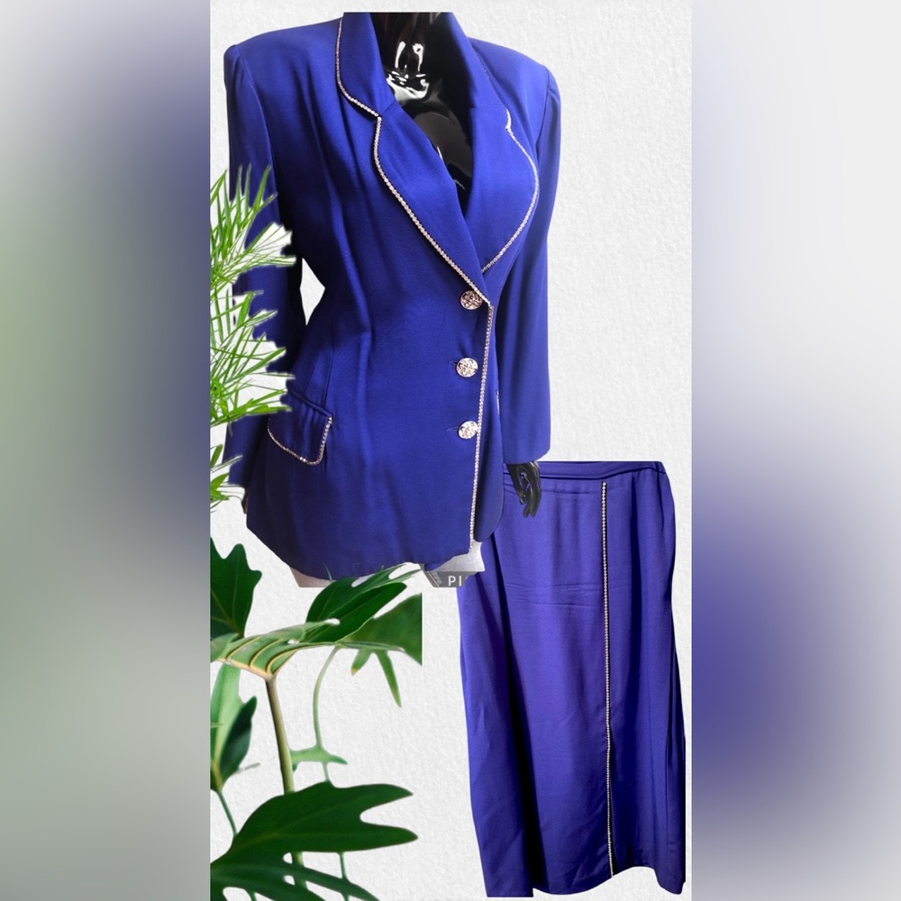 2-pc Vintage SZ 14 Katherine Bishop Ladies Royal Blue Embellished Skirt & Jacket
